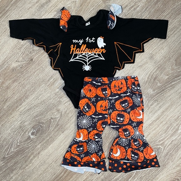 Baby Girl First Black Bat Skull Orange Pumpkin Fall Outfit 3-6M - Picture 1 of 8